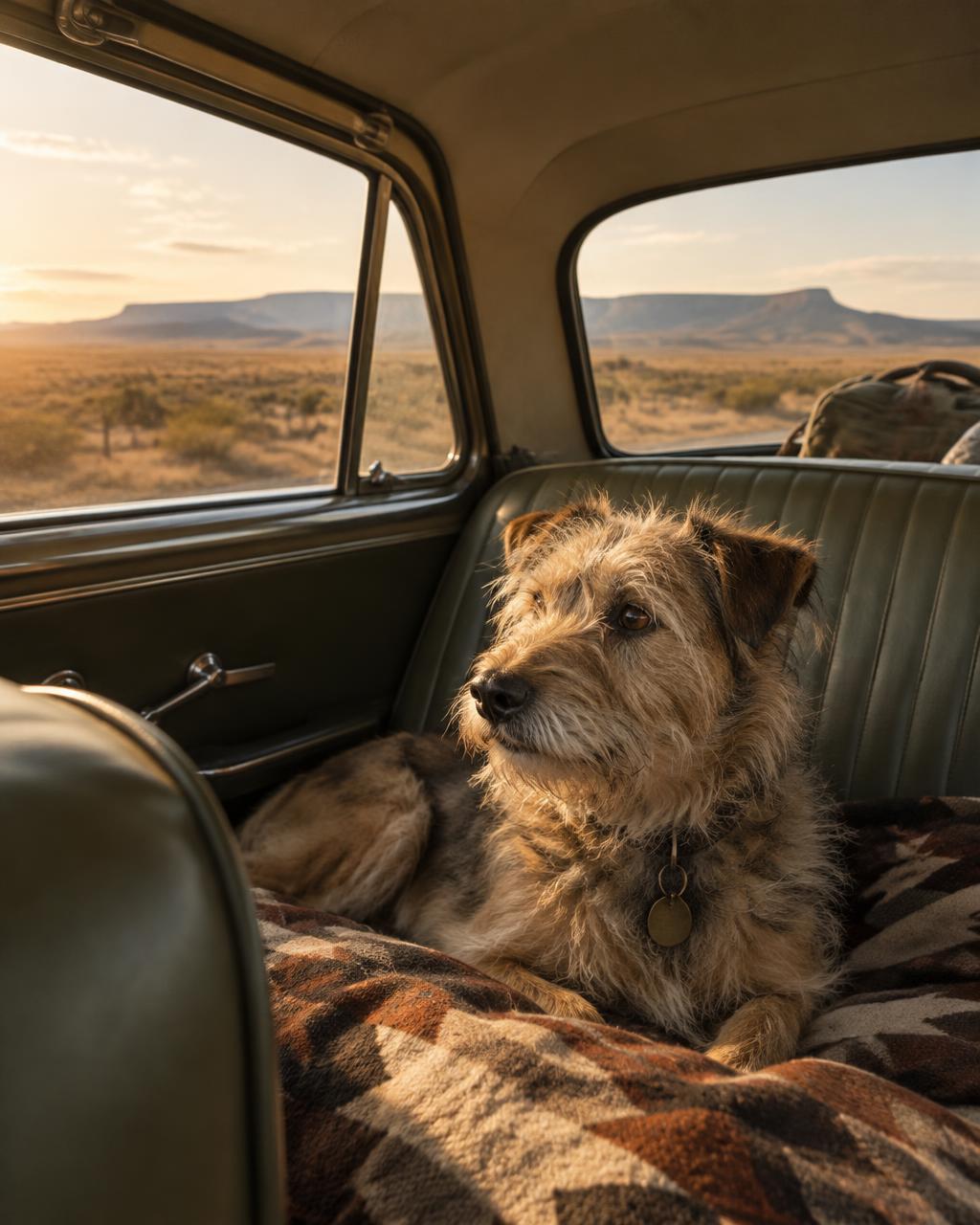 Dog on a road trip through the Karoo